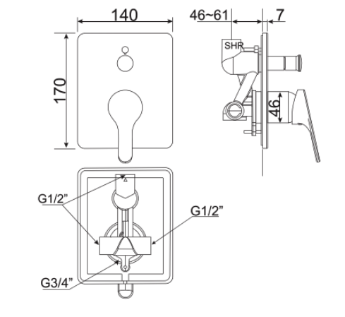Bản vẽ kỹ thuật vòi sen tắm âm tường American Standard WF-1420