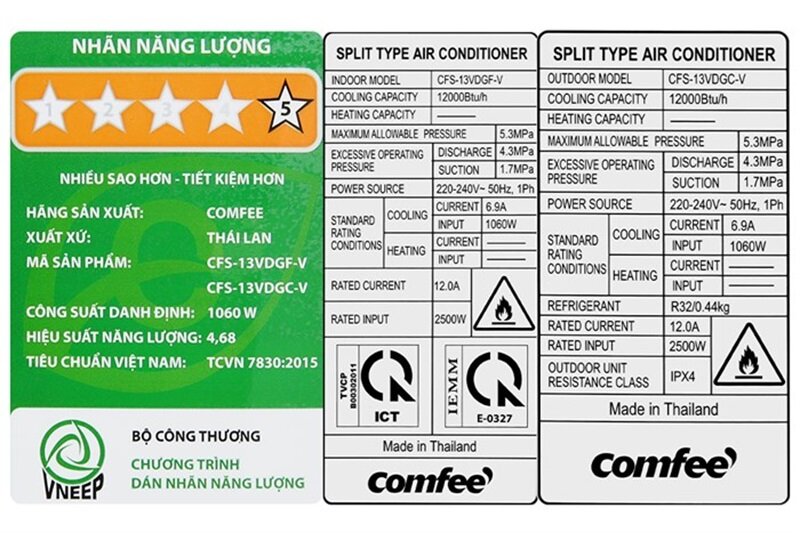 Điều hòa Comfee 12000 BTU 1 chiều Inverter CFS-13VDGF-V nhãn năng lượng