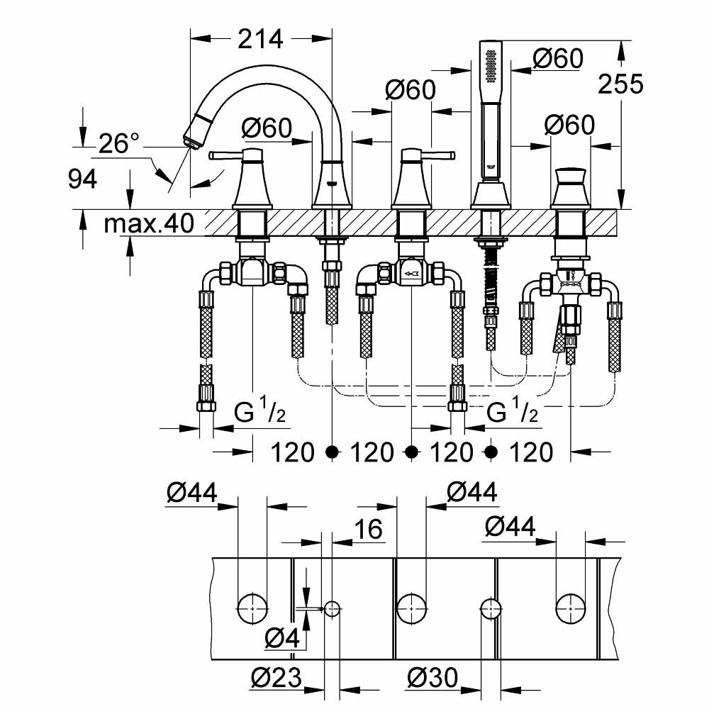 Bản vẽ kỹ thuật vòi bồn tắm 5 lỗ nóng lạnh kèm tay sen Grandera GROHE 19919000