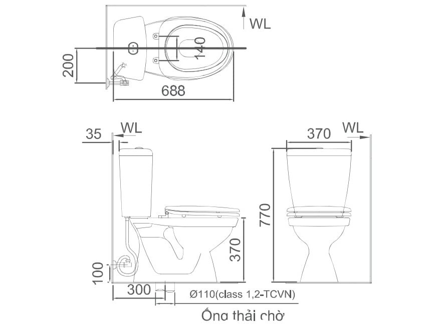 Kích thước lắp đặt bồn cầu Inax Inax C-108VAN/BW1