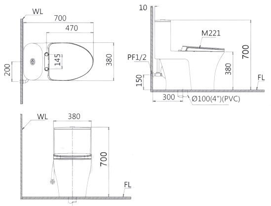 Bản vẽ kỹ thuật bồn cầu 1 khối Caesar C1395 (CD1395)