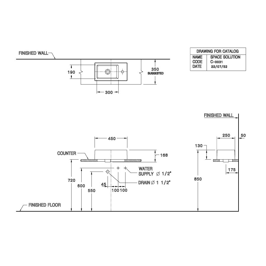 Bản vẽ kỹ thuật chậu rửa mặt lavabo đặt bàn COTTO C0031