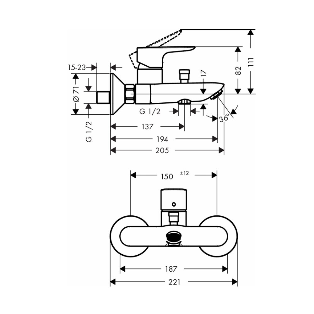 Bản vẽ kỹ thuật của củ sen tắm nóng lạnh Talis E Hansgrohe 71740000
