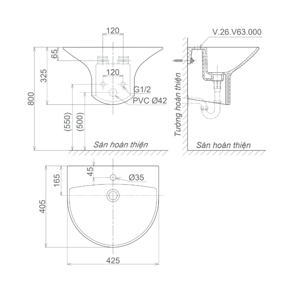 Bản vẽ kỹ thuật chậu rửa lavabo treo tường Viglacera V63 liền khối