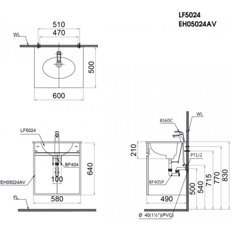 Bản vẽ kỹ thuật tủ chậu rửa mặt CAESAR EH05024AV