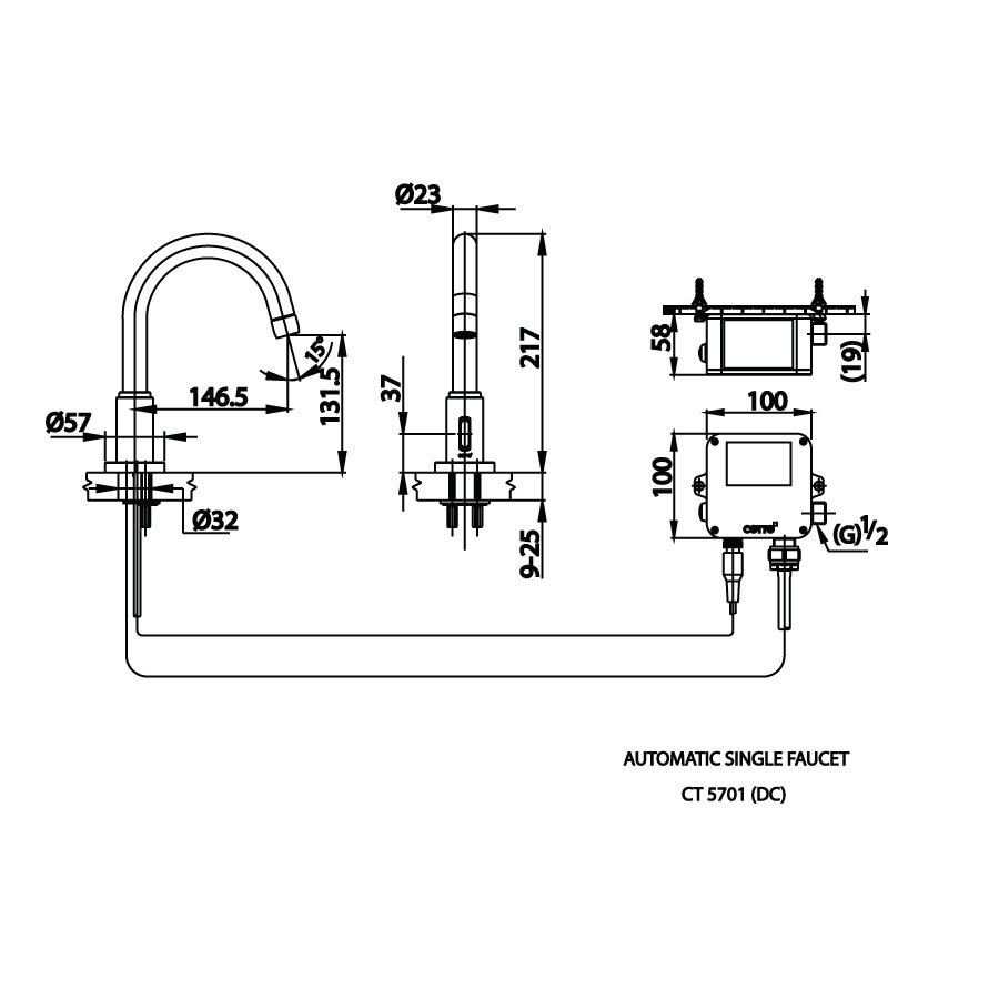 Bản vẽ kỹ thuật vòi lavabo cảm ứng COTTO dùng pin CT5701DC