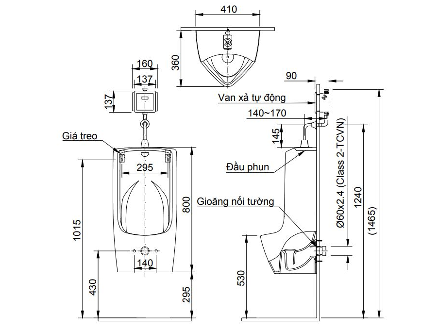 Bản vẽ bồn tiểu nam treo tường AU411V Inax AU-411V