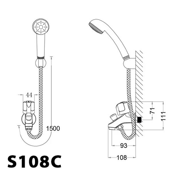 Bản vẽ kỹ thuật vòi sen tắm gắn tường 1 đường lạnh CAESAR S108C