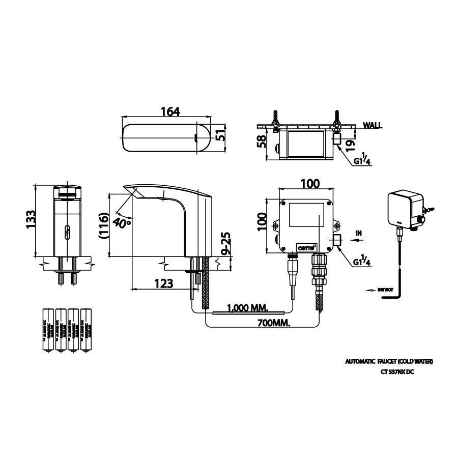 Bản vẽ kỹ thuật vòi lavabo cảm ứng COTTO dùng pin CT537NXDC