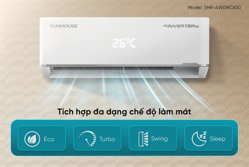 Điều hòa Sunhouse Inverter 9000 BTU 1 chiều  SHR-AW09IC650 gas R-32