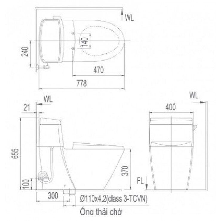 Bản vẽ kỹ thuật bệ xí bệt Inax AC-918 nắp rửa cơ CW-S15VN