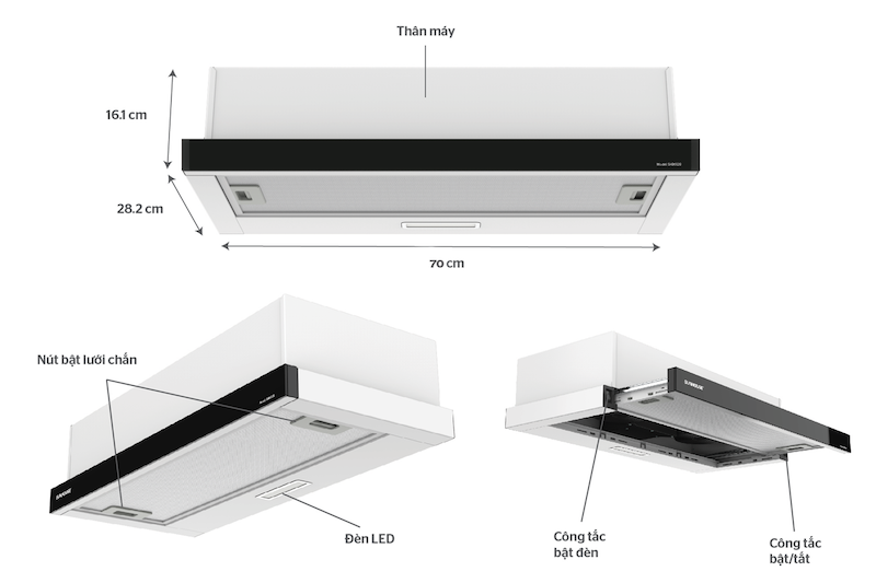 Máy hút mùi Sunhouse SHB6128 được trang bị bảng điều khiển nút nhấn trực quan
