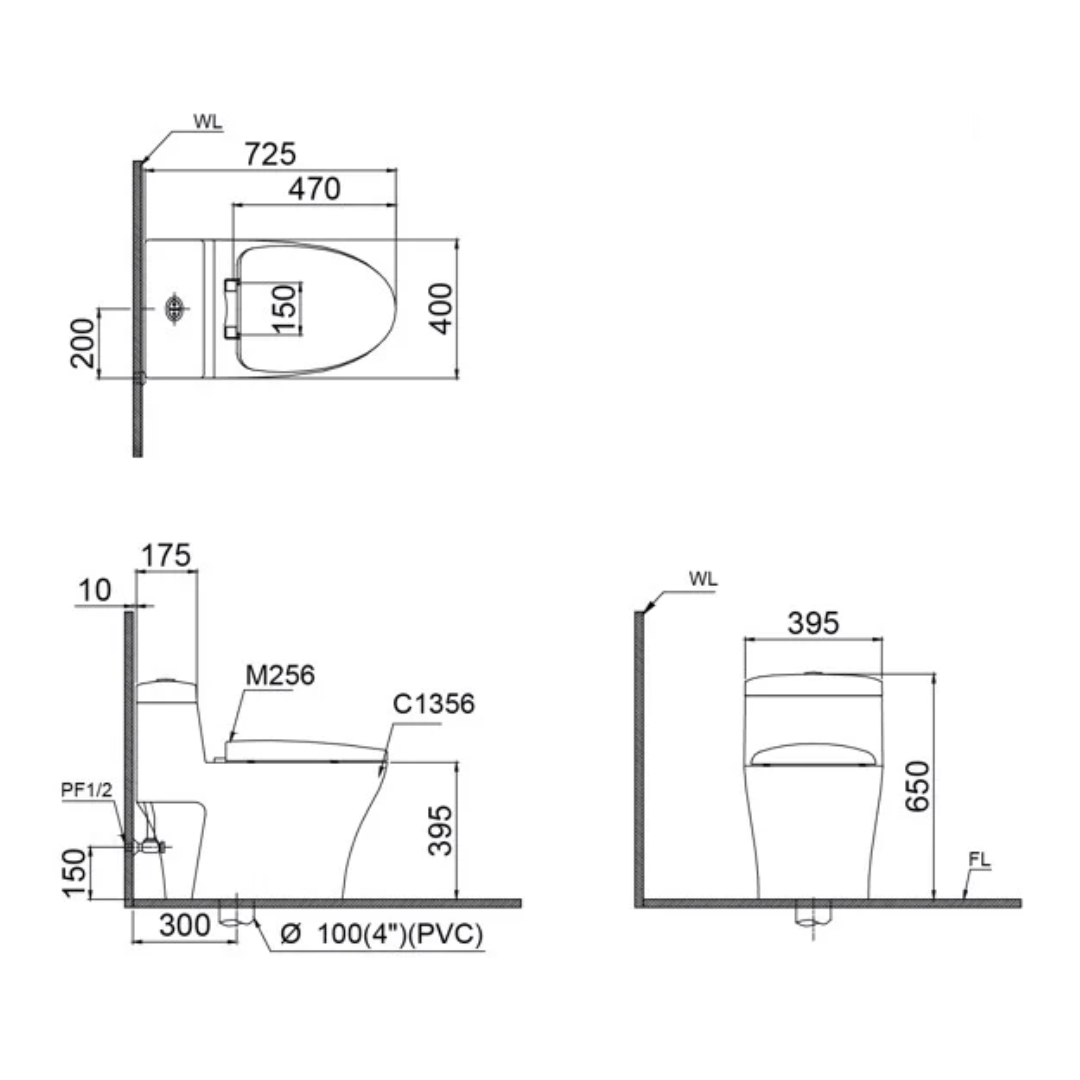 Bản vẽ kỹ thuật bồn cầu 1 khối nắp rửa cơ CD1356+TAF050