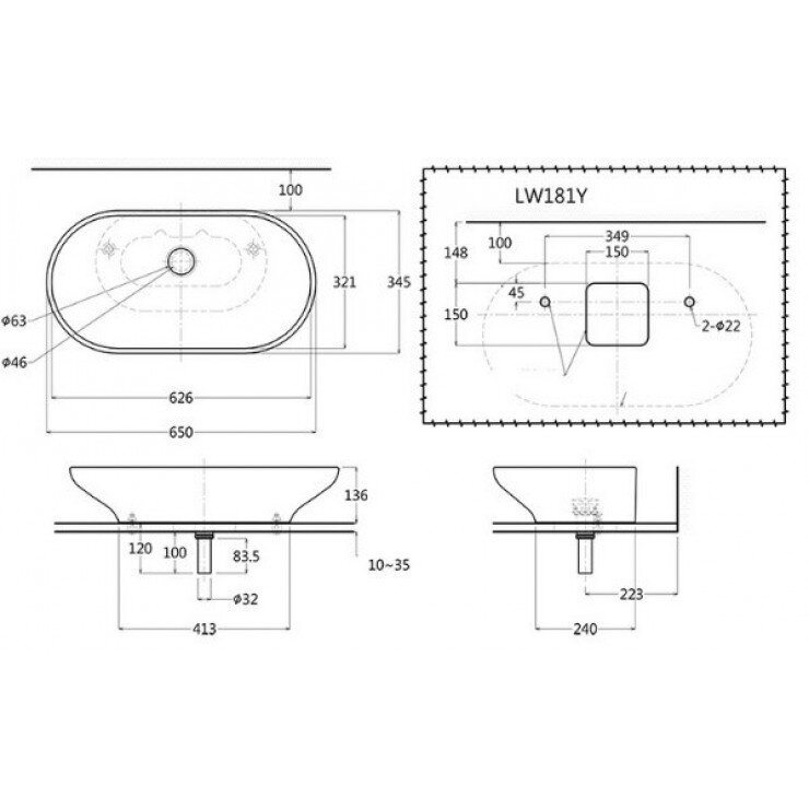 Bản vẽ kỹ thuật chậu rửa lavabo đặt bàn TOTO LW181Y