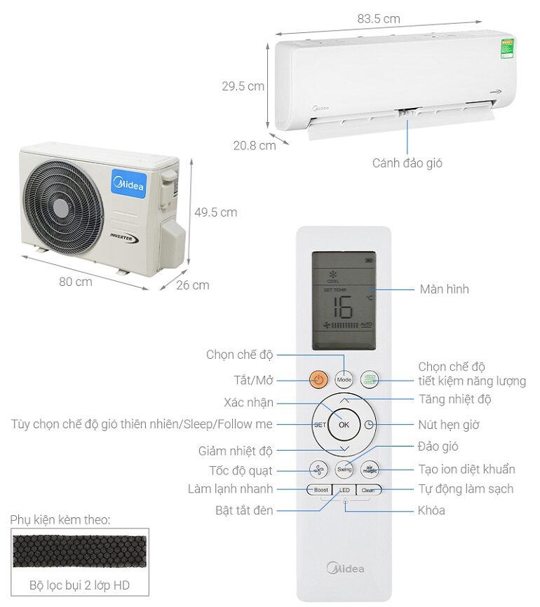 Điều hòa Midea Inverter 9000 BTU 1 chiều MSAGII-10CRDN8 gas R-32