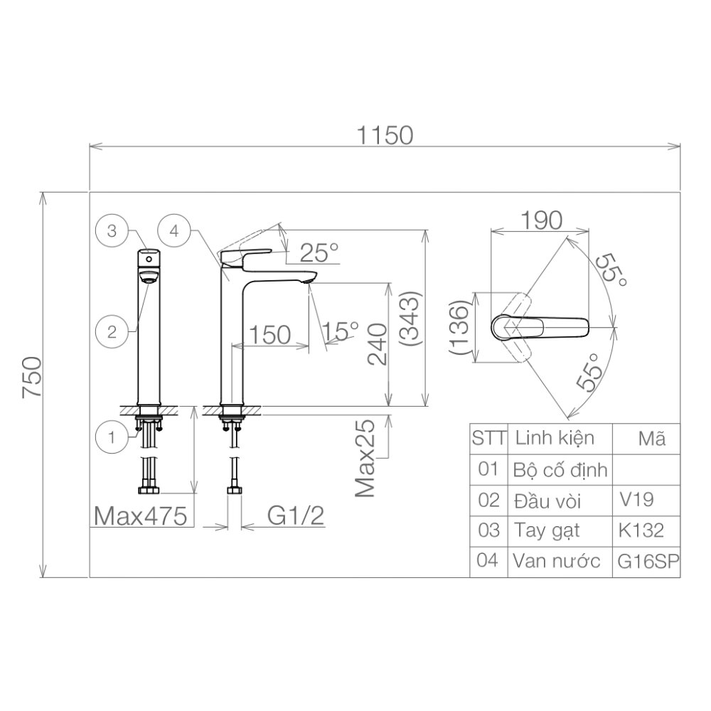 Bản vẽ kỹ thuật vòi chậu lavabo nóng lạnh Viglacera VG132.1