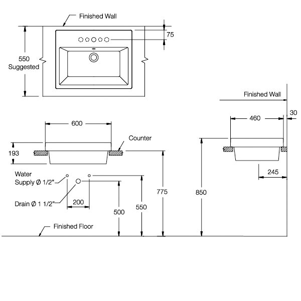 Bản vẽ kỹ thuật chậu rửa mặt lavabo COTTO đặt bàn C0902