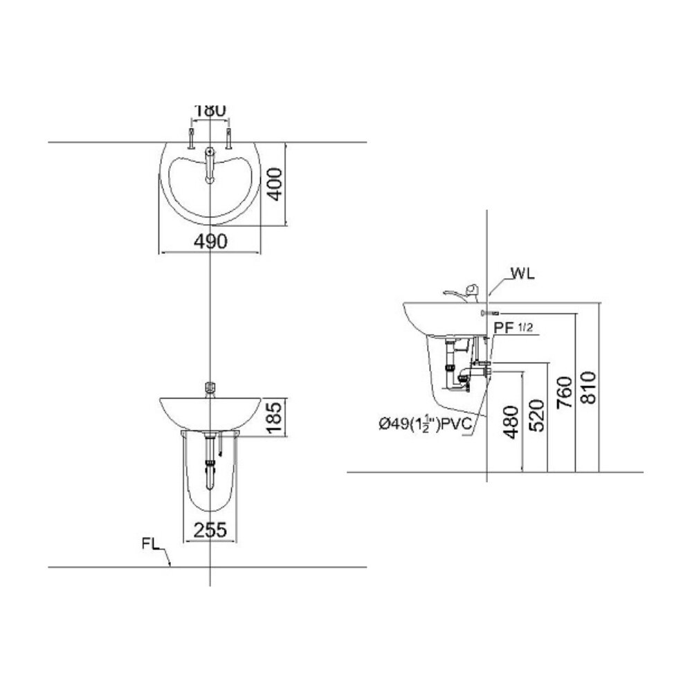 Bản vẽ kỹ thuật của chậu rửa lavabo treo tường chân lửng Caesar L2150+P2441