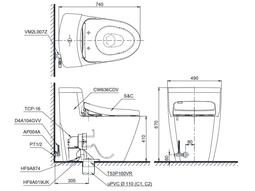 Bản vẽ kỹ thuật của bồn cầu TOTO MS636DT8 TOTO MS636DT8