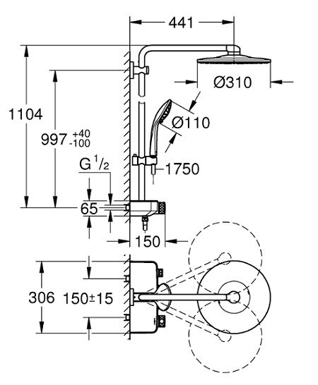 Bản vẽ kỹ thuật bộ vòi sen cây tắm đứng điều chỉnh nóng lạnh GROHE 26507000