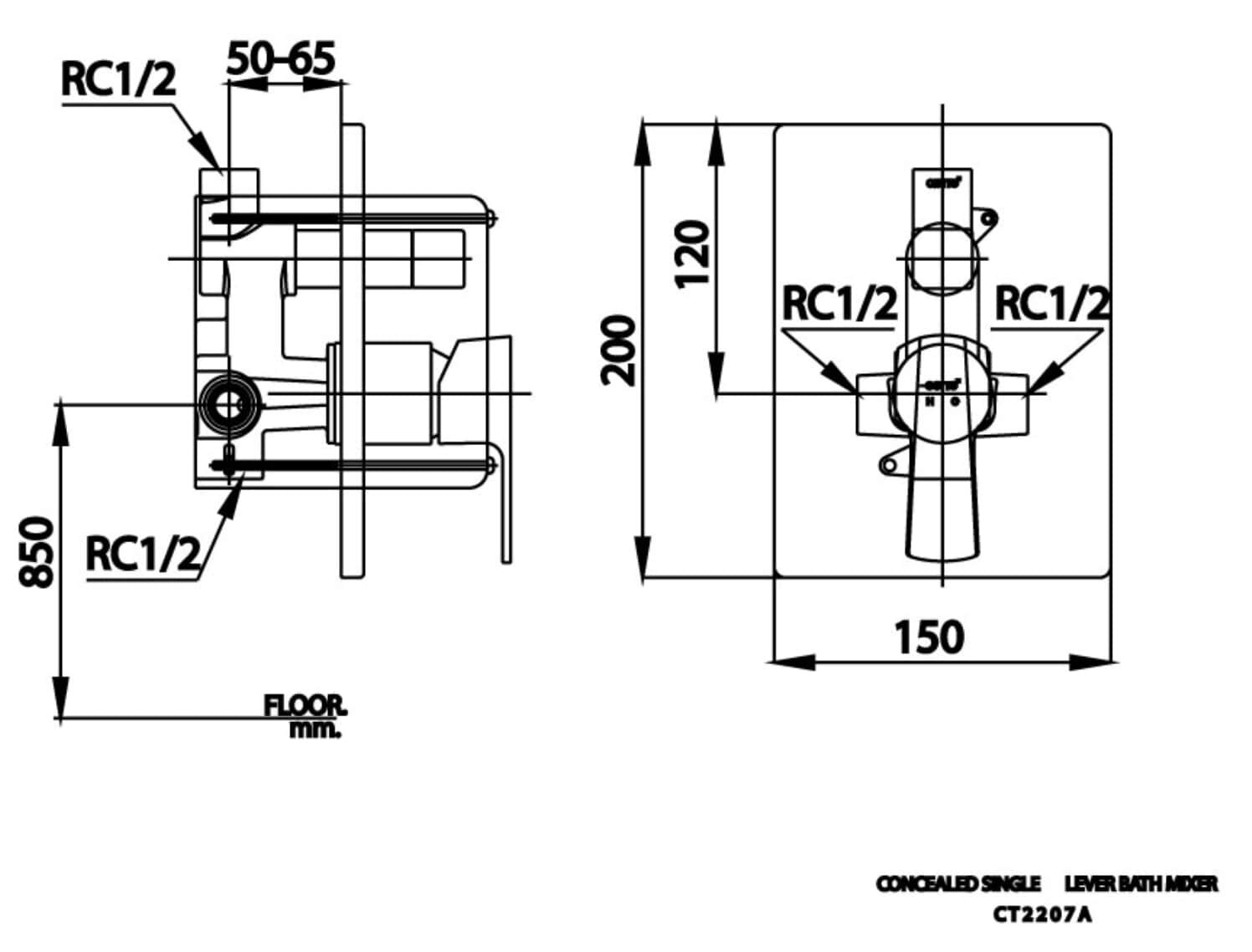 Bản vẽ kỹ thuật van điều chỉnh âm tường nóng lạnh COTTO CT2207A 2 đường nước