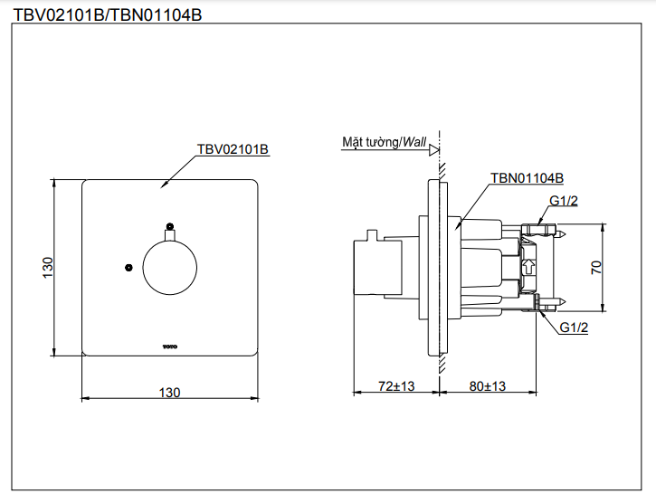 Bản vẽ kỹ thuật của van TOTO TBV02101B/TBN01104B