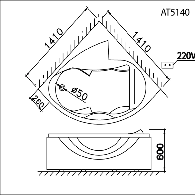 Bản Vẽ Kỹ Thuật Bồn Tắm Góc Chân Yếm AT5140