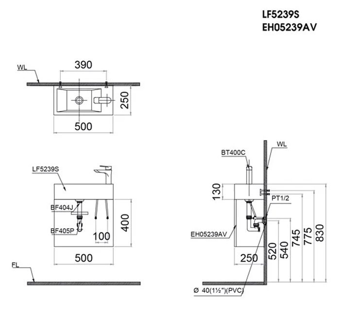 Bản vẽ kỹ thuật tủ lavabo rửa tay Caesar LF5239S + EH05239AV