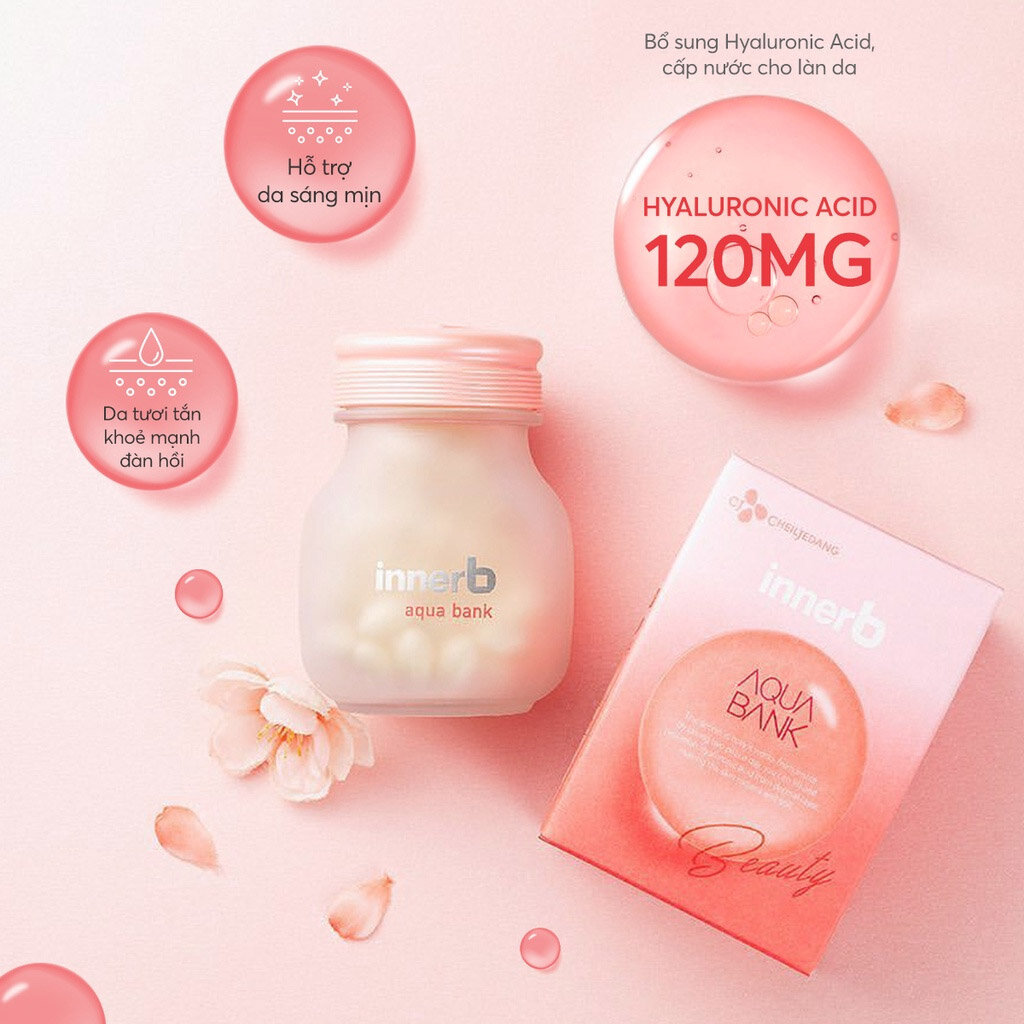 Viên Uống Cấp Ẩm InnerB Aqua Bank chứa hàm lượng Hyaluronic Acid 120mg giúp cấp nước và giữ ẩm cho da, dưỡng da mềm mại và căng mọng.