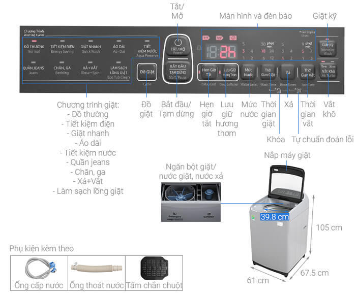 Chi tiết máy giặt Samsung WA90T5260BY/SV Máy giặt Samsung WA90T5260BY/SV