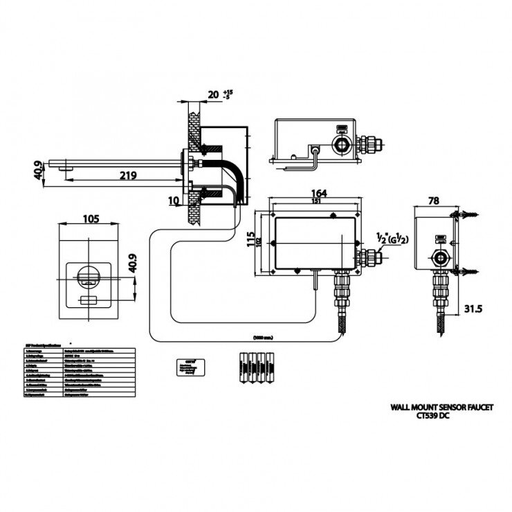 Bản vẽ kỹ thuật vòi lavabo cảm ứng COTTO gắn tường dừng pin CT539DC(LD)