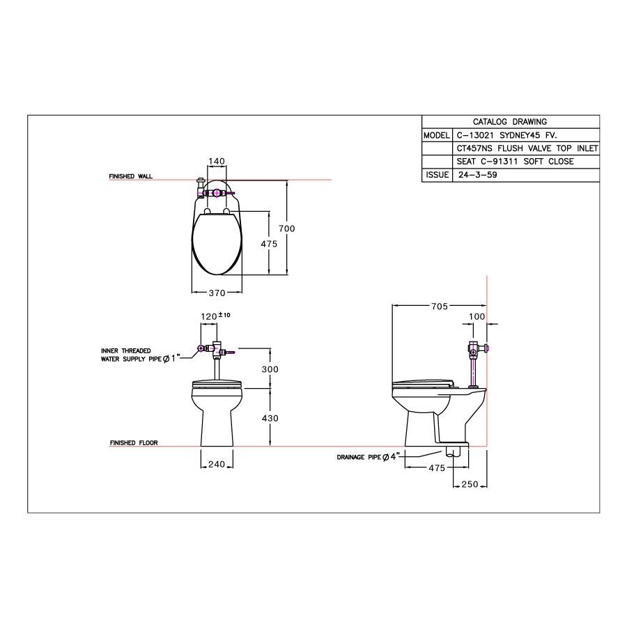 Bản vẽ kỹ thuật bồn cầu đặt sàn COTTO C13021 van xả trực tiếp SYDNEY45 nắp đóng êm