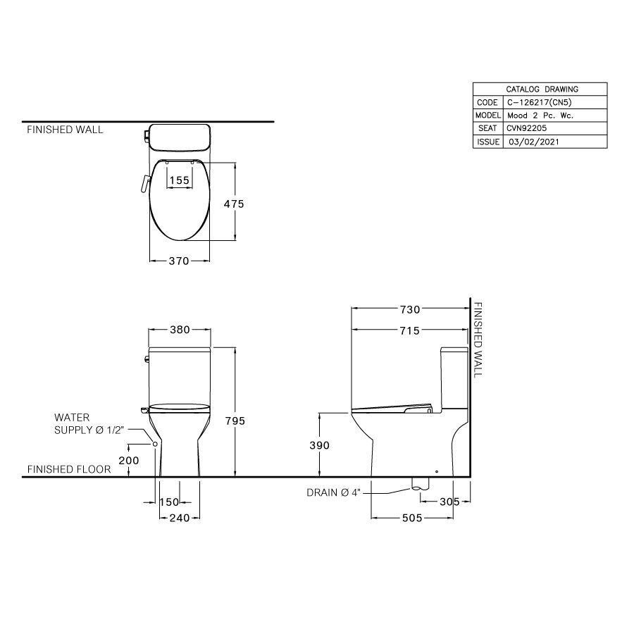 Bản vẽ kỹ thuật bồn cầu 2 khối COTTO C126217(CN5) nắp rửa cơ CVN92205 Mood