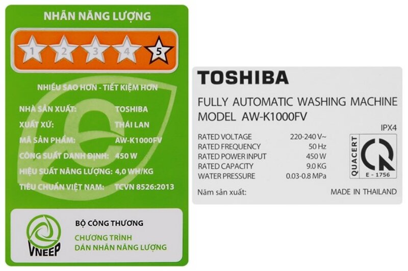 Máy giặt Toshiba 9 kg AW-K1000FV(WW) tiết kiệm điện