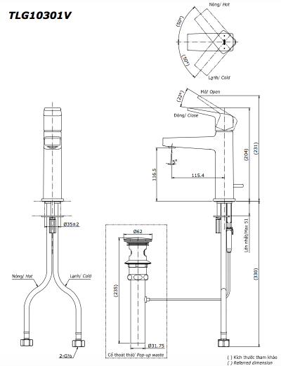 Bản vẽ kỹ thuật Vòi chậu TOTO TLG10301V