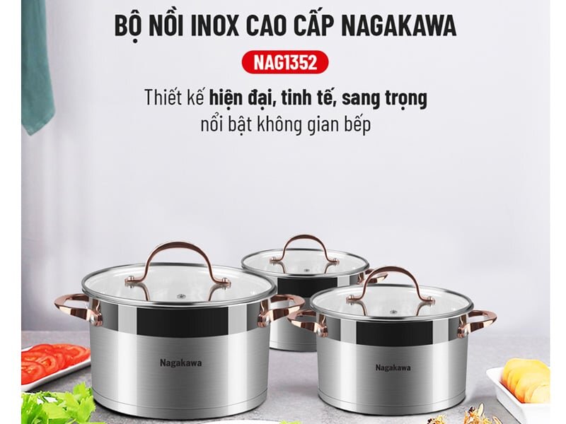 Bộ nồi inox cao cấp 5 đáy Nagakawa NAG1352 được thiết kế đẹp mắt với gam màu bạc hiện đại
