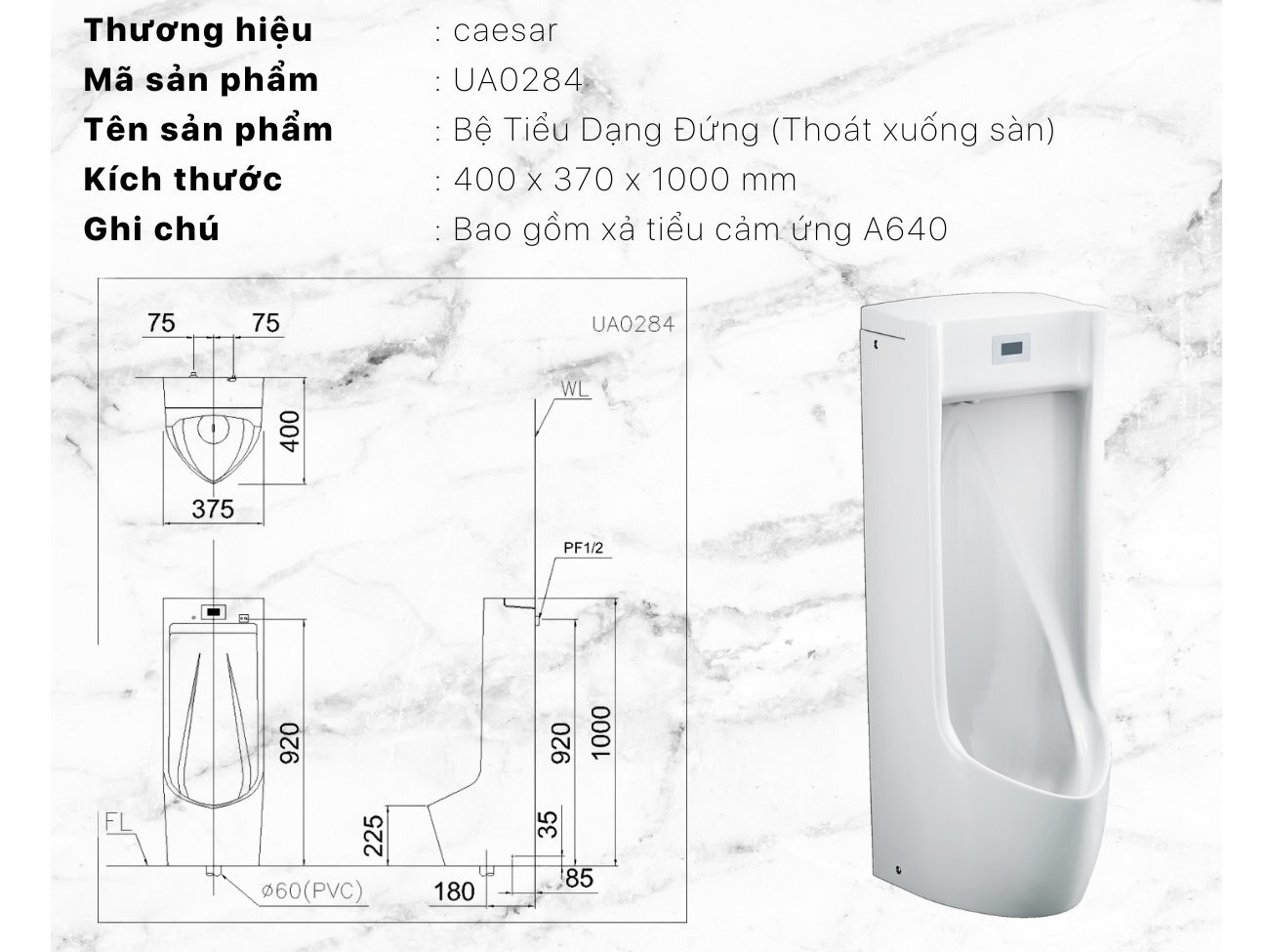Bệ tiểu nam dạng đứng Caesar UA0284 Bệ tiểu nam dạng đứng Caesar UA0284