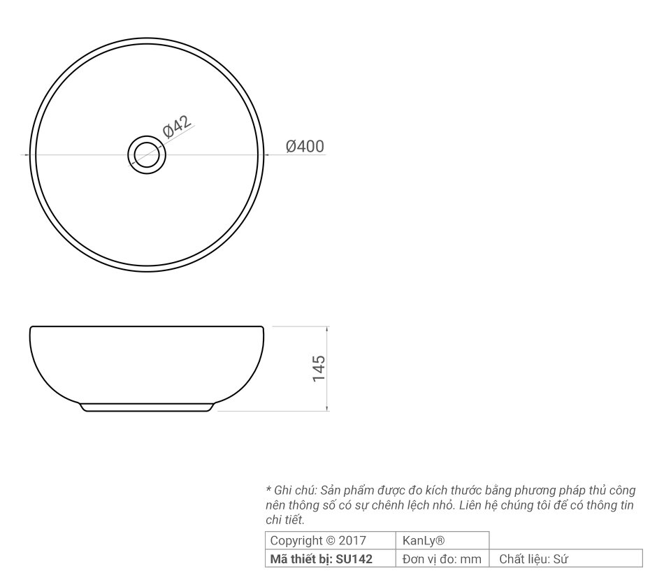 Bản vẽ kỹ thuật chậu rửa lavabo bằng sứ Kanly SU142