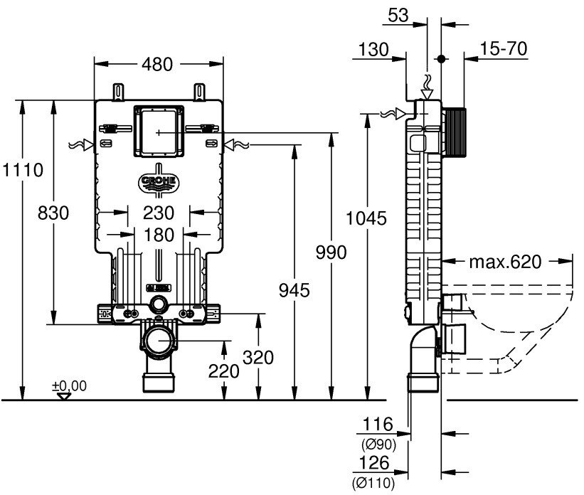 Bản vẽ kỹ thuật két nước âm tường 38643001 Grohe