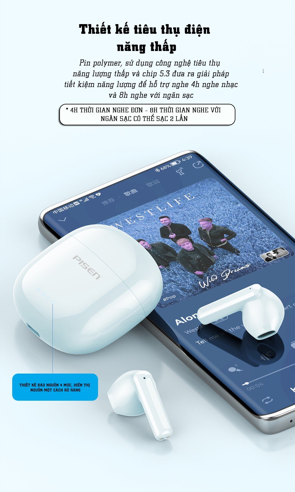 Tai nghe không dây PISEN True wireless Ai3 PA-BHD03 màu trắng