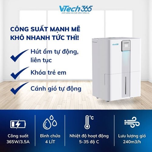 Máy hút ẩm VTech365 VT-HA350-W vận hành với công suất mạnh mẽ
