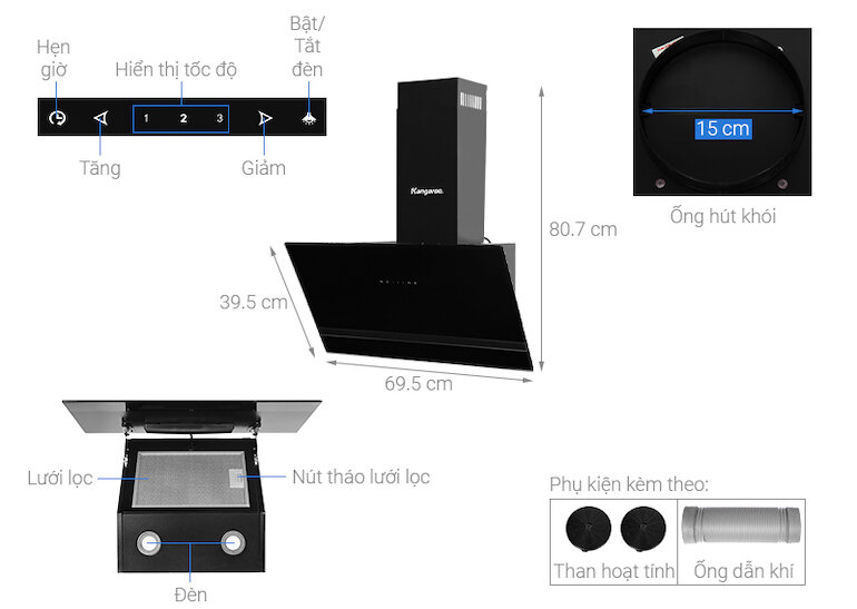Máy hút mùi Kangaroo KG1361 có công suất hút lên đến 1000m3/h giúp hút khói và mùi nhanh chóng cho căn bếp.