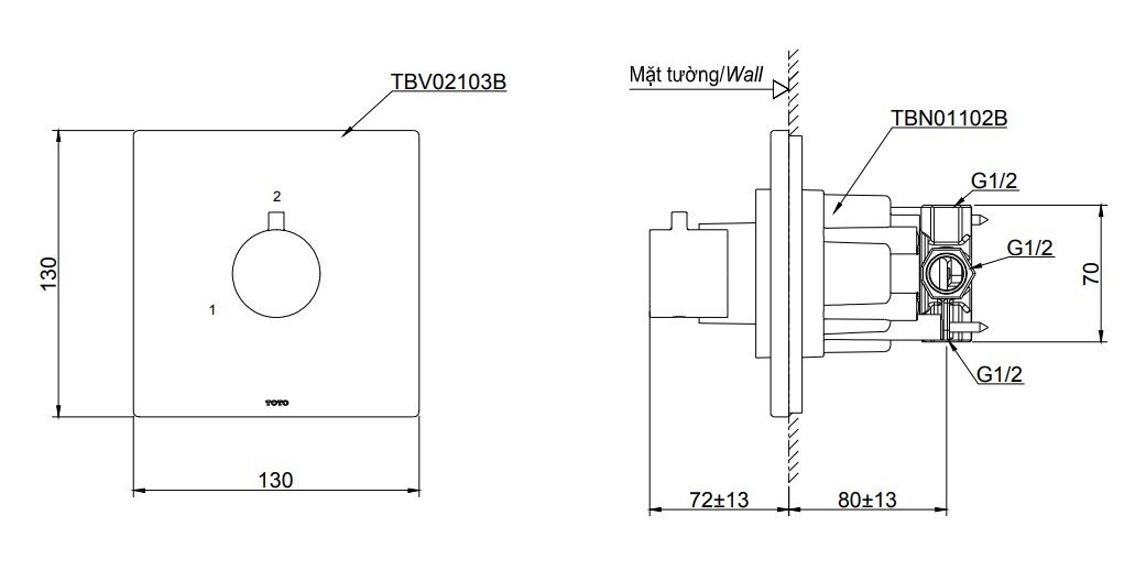 Bản vẽ kỹ thuật của van chuyển hướng 2 đường nước TOTO TBV02103B/TBN01102B