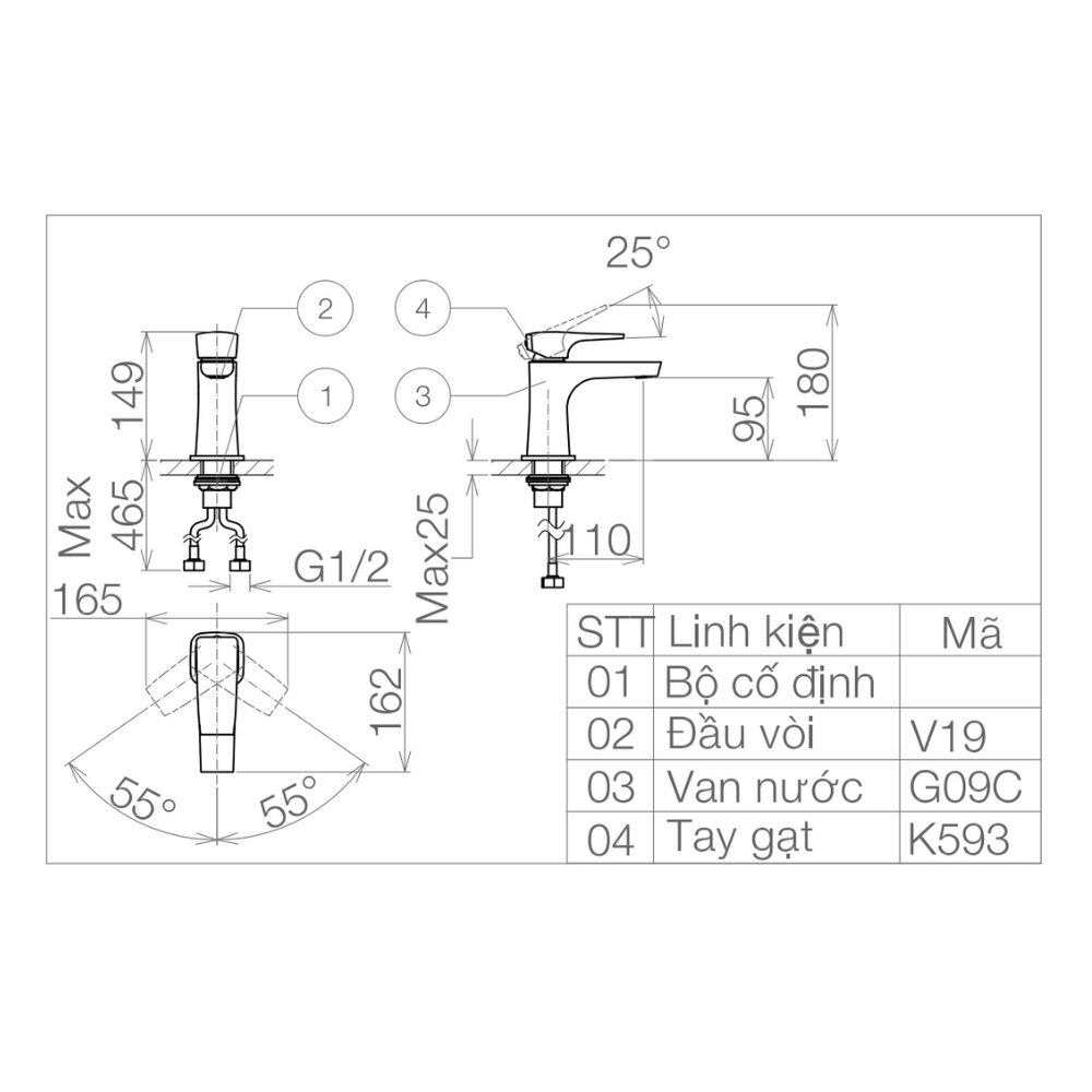Bản vẽ kỹ thuật vòi chậu lavabo nóng lạnh Viglacera VG143