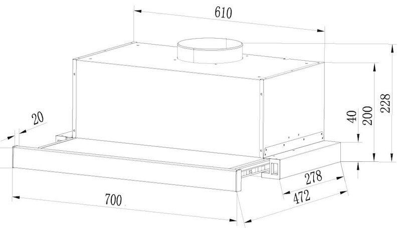 kích thước lắp đặt máy hút mùi âm tủ Tomate TOM 1151-T7