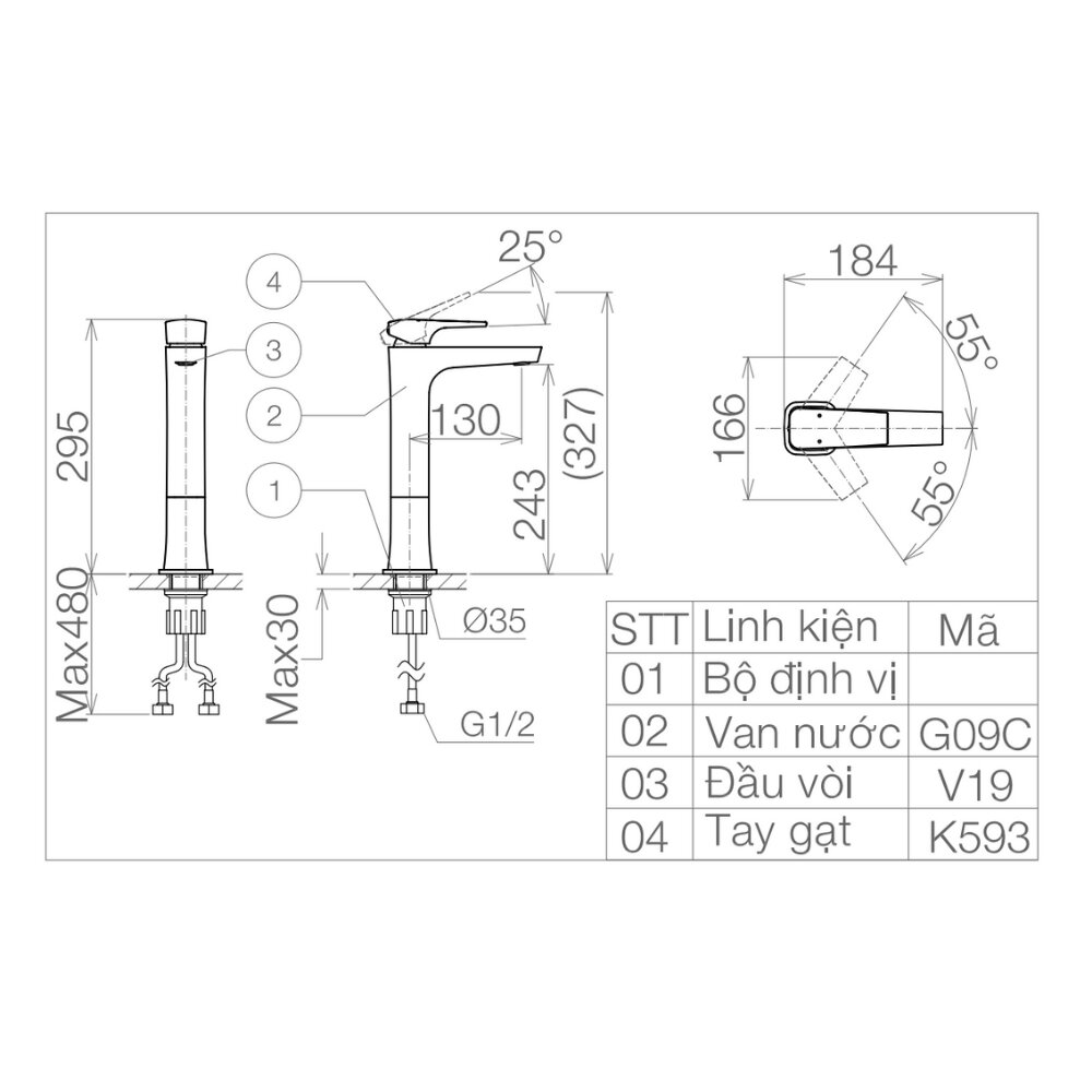 Bản vẽ kỹ thuật vòi chậu lavabo nóng lạnh Viglacera VG143.1