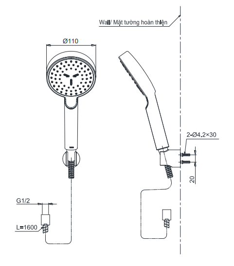 Bản vẽ kỹ thuật tay sen tắm dòng L dáng tròn 1 chế độ 110mm TOTO TBW07008A