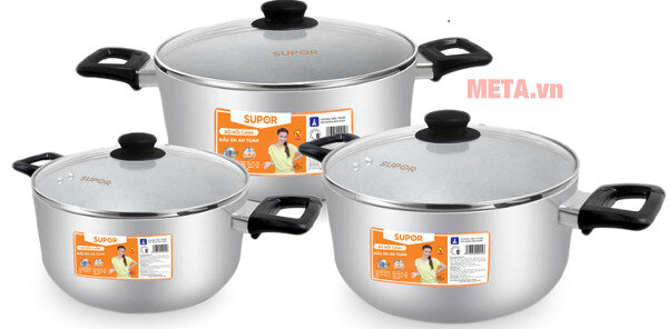 Bộ nồi canh hợp kim nhôm oxy hóa mềm nắp kính Supor S17A-T1