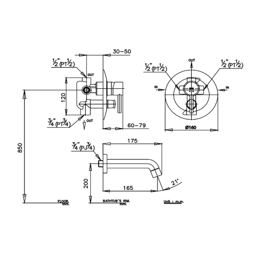 Bản vẽ kỹ thuật van điều chỉnh âm tường nóng lạnh kèm van dừng 2 đường nước Anthony COTTO CT593A