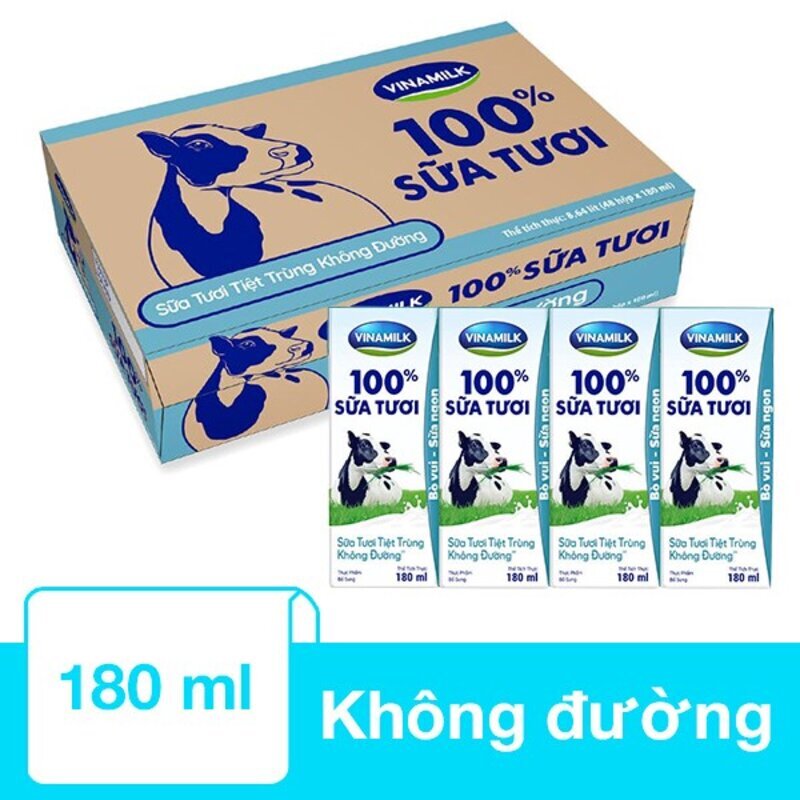 Thùng 48 hộp sữa tươi không đường Vinamilk 100% Sữa Tươi 180ml
